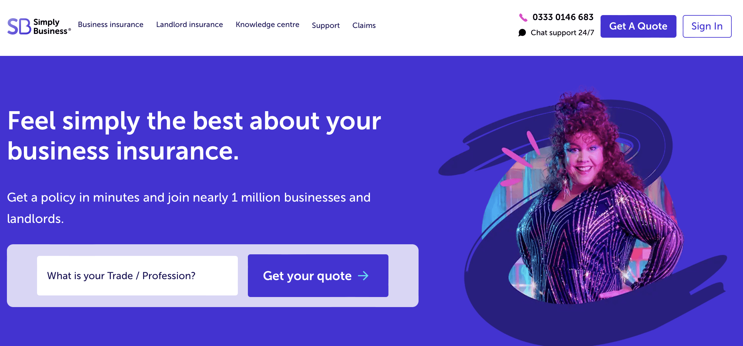 Simply business home page. white search bar with logo. Purple header image with a search bar and an image of a white women with curly hair and sparkly top. Digital PR example