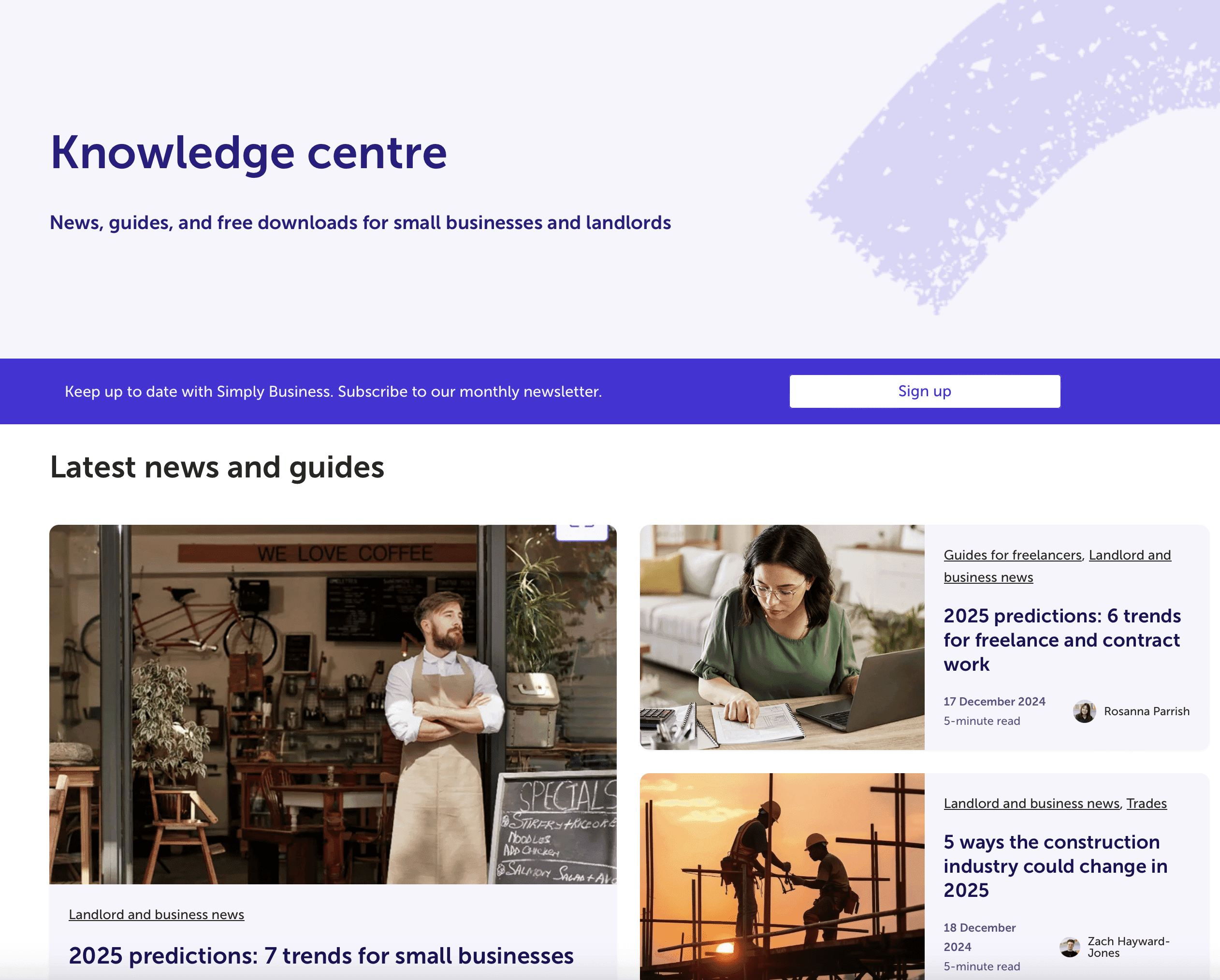 Simply business knowledge centre webpage. White background with various images that identify the various articles. Digital PR example